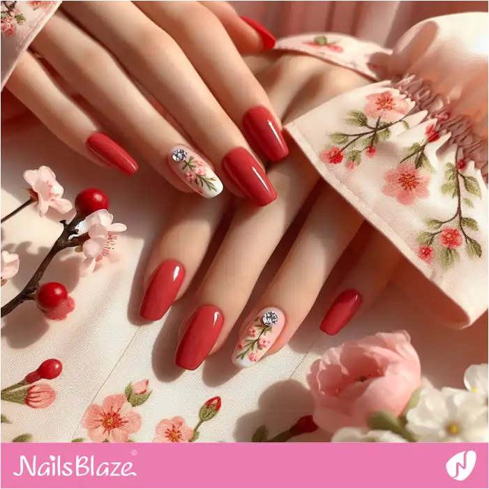 Red Nails with Floral Accents | Spring Nails - NB3958